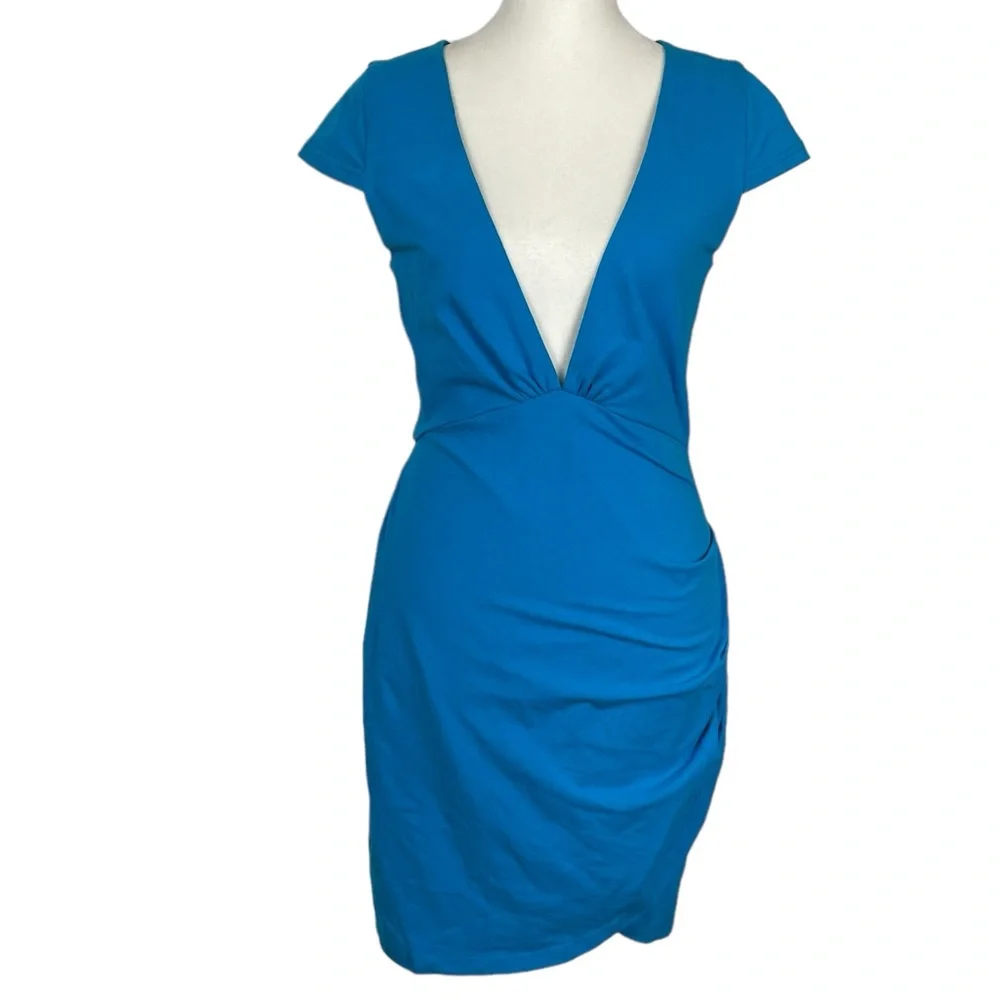 Revolve By The Way Minnie Deep V Dress Ruched Bodycon Size Small Blue - Picture 2 of 15